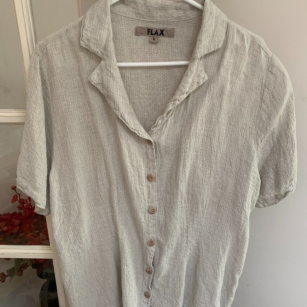 FLAX Size Large Button Front Short Sleeve Blouse